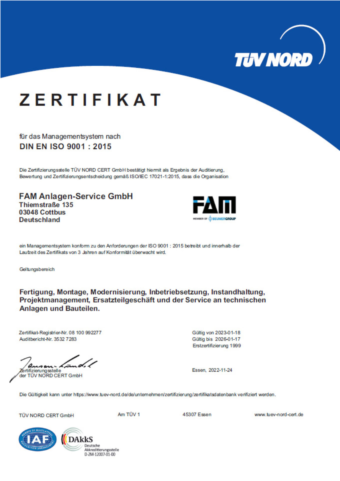 FAM Anlagen-Service Zertifikat 9001 - 2015