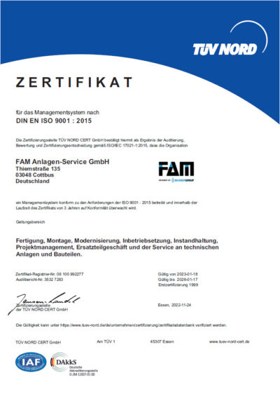 FAM Anlagen-Service Zertifikat 9001 - 2015