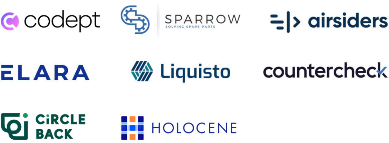 Startups: codept, sparrow, airsiders, ELARA, Liquisto, countercheck, circle back, Holocene