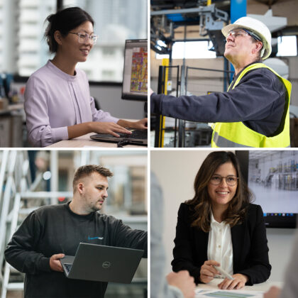 Collage of 4 pictures with satisfied employees - Culture & Benefits at BEUMER Group