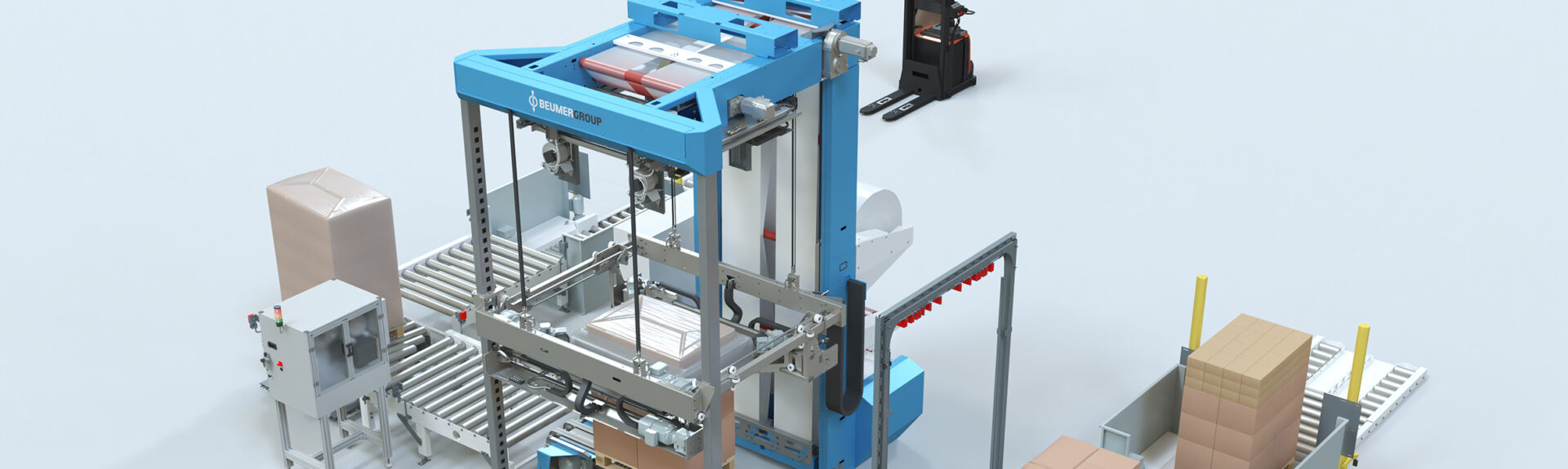 The new BEUMER stretch hood offers advantages of ground-level and ergonomically designed operating and maintenance access points.
